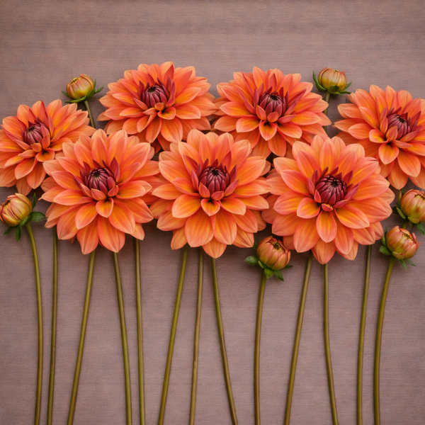 Arrangement of orange Nicholas dahlia flowers on a brown background