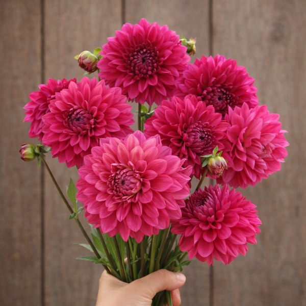 Bouquet of pink Perch Hill dahlias held against a wooden background