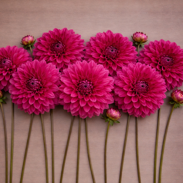 Pink Perch Hill dahlias arranged in a circular pattern on a wooden surface