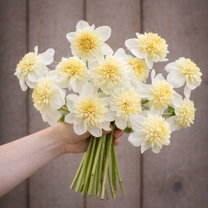 Bouquet of white and yellow Platinum Blonde Dahlia flowers held by a person against a wooden background