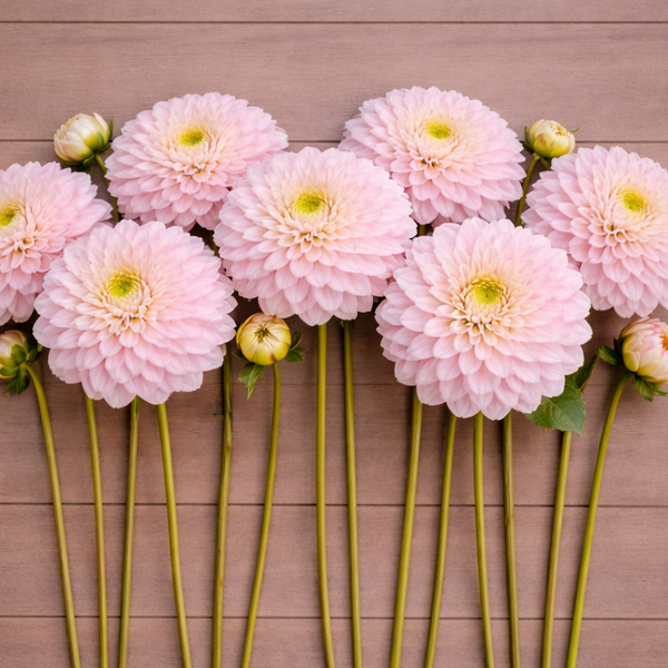 Pink Quiet Splendor dahlia flowers with green stems on a wooden surface
