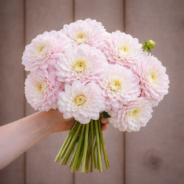 Bouquet of light pink silver years dahlia flowers held by a hand against a wooden background
