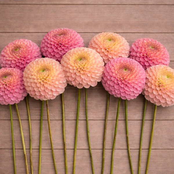 Pink and peach Snoho Doris dahlias on a wooden surface