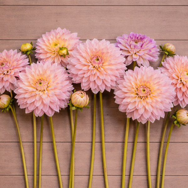 Pink Strawberry Ice Dahlia flowers arranged on a wooden surface