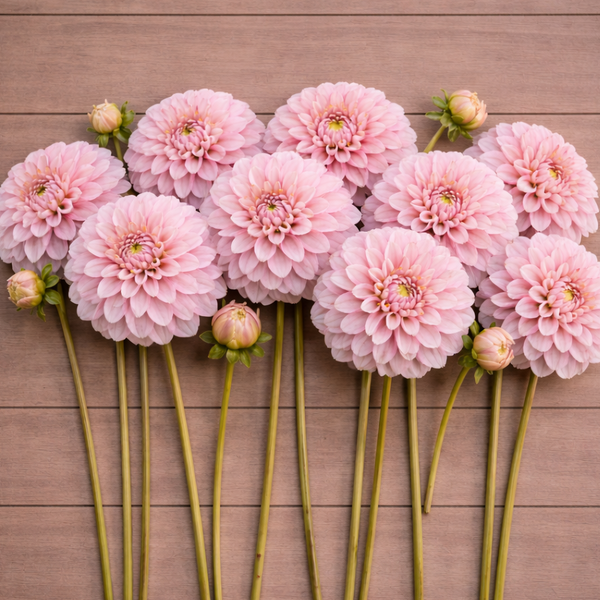 Strawberry and Cream pink dahlia flowers arranged on a wooden surface