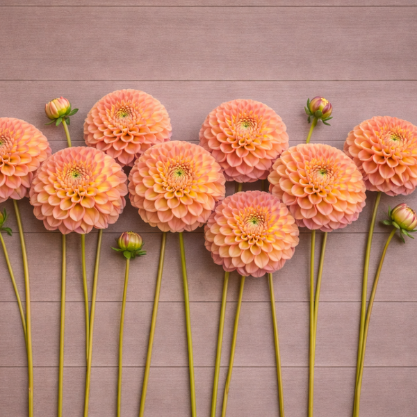 Row of peach-colored Sunspot Dahlia flowers on a wooden surface