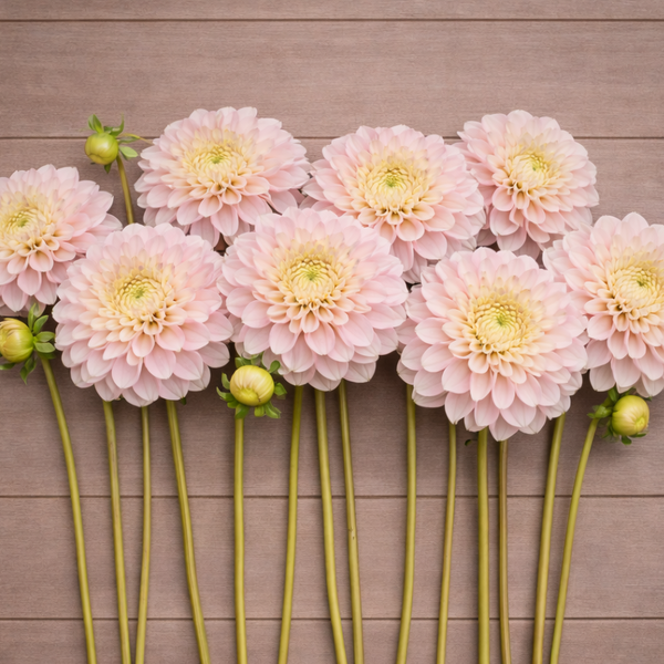 Pink Sweet Nathalie dahlia flowers with green stems arranged on a wooden surface