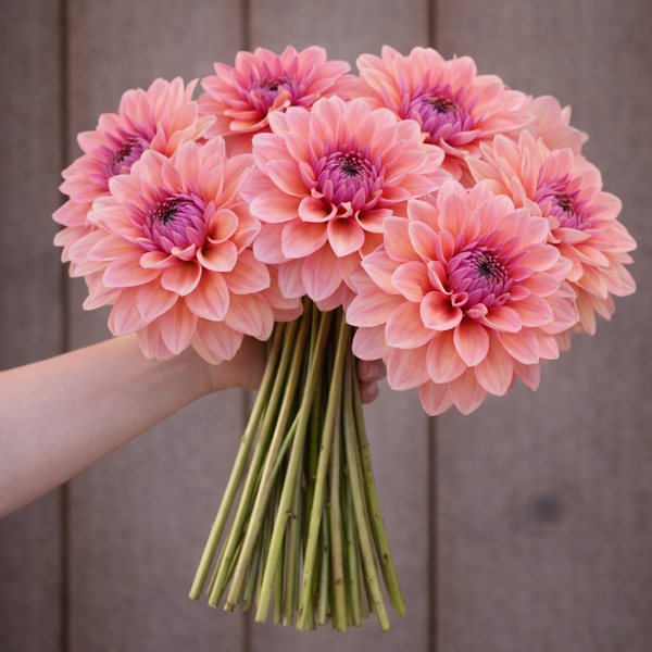 Bouquet of pink Sweet Sanne flowers held by a person against a wooden background