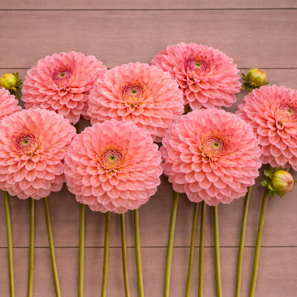 Pink Triple Lee Dee Dahlia flowers arranged in a row on a wooden surface