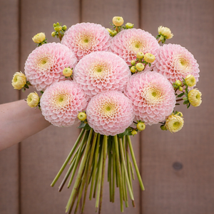 Bouquet of pink Wizard of Oz 
flowers with green stems held by a person against a brown background